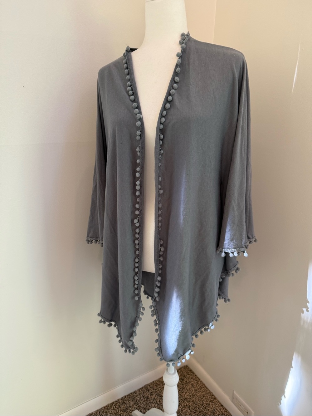 Open-Front Pom-Trim Cardigan Shrug - Gray